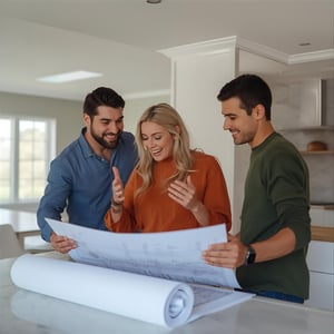 A contractor and homeowners reviewing kitchen remodel plans together during the design-build process.