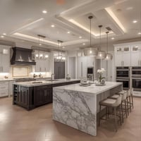 Luxury kitchen with two islands separating cooking and entertaining areas.