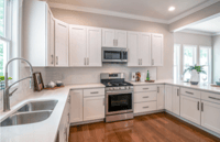 U-shaped kitchen with three walls of cabinets and stainless-steel appliances for efficient cooking.