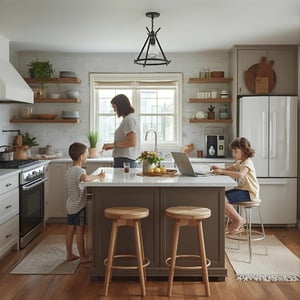 Family using modern kitchen for cooking, work, and connection, showing multi-purpose kitchen design.