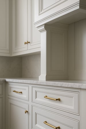 Close-up of custom kitchen cabinetry with detailed molding and brass hardware — highlighting craftsmanship and high-end remodel quality.