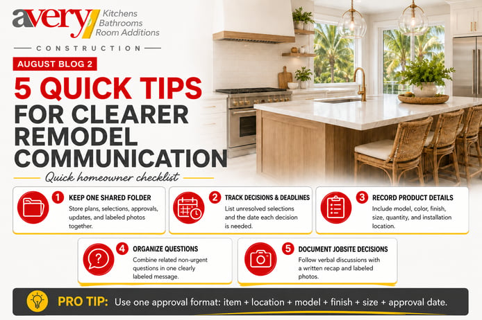 Avery Construction infographic featuring five quick tips for clearer communication during a Florida home remodel.