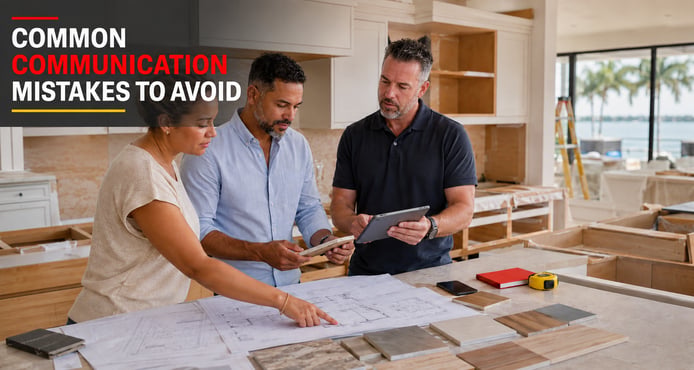 Common Communication Mistakes to Avoid graphic showing homeowners and a remodeling professional reviewing blueprints, digital plans, and material samples during a kitchen renovation.