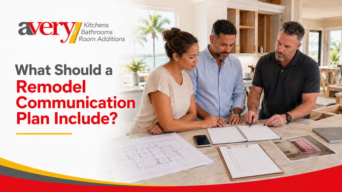 Avery Construction graphic showing homeowners and a remodeling professional reviewing a blueprint, calendar, checklist, and unexpected-condition photo during a Florida home remodel.