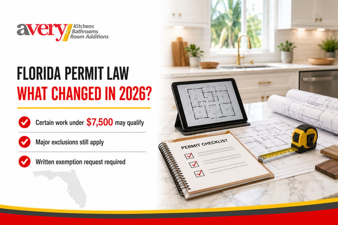 Avery Construction graphic explaining Florida’s limited 2026 permit exemption for certain work under $7,500.