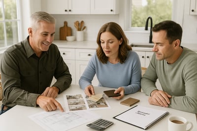 Homeowner reviewing remodeling inspiration photos and material samples with contractor at bright kitchen table in Tampa Bay home.